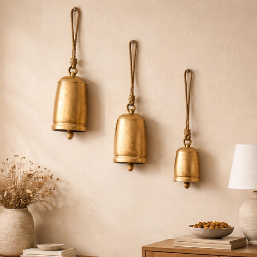 Deco 79 Metal Cow Bells, Meditation Bell, Set of 3, 10", 7", 5"H, Gold | Indoor metal art Tibetan inspired decorative