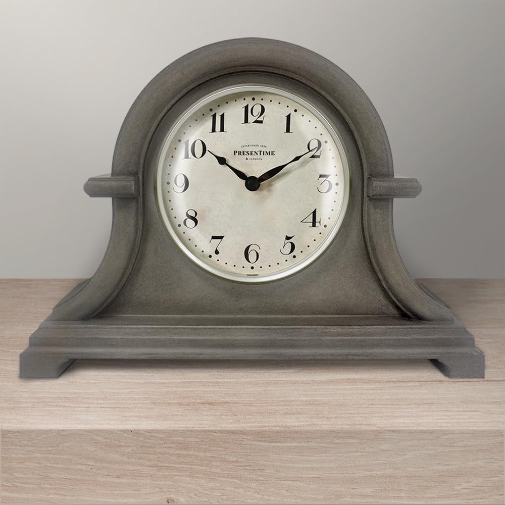 Mantel Clock Vintage Farmhouse Series | Napoleon Desk & Shelf Clock, 13 x 10", Domed Lens, Quartz Movement, Gray Oak