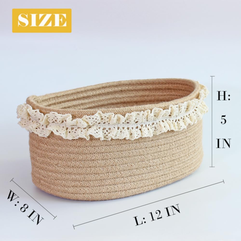 Decorative Jute Woven Basket for Nursery / Brown with Lace / 12 x 8 x 5 / Oval