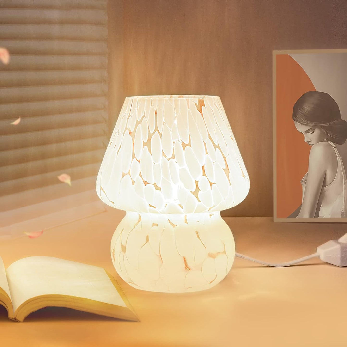 ONEWISH Cute Mushroom Lamp Small Bedside Table Lamp Set of 2 Stepless Dimmable, Translucent Glass White Nightstand Lamp