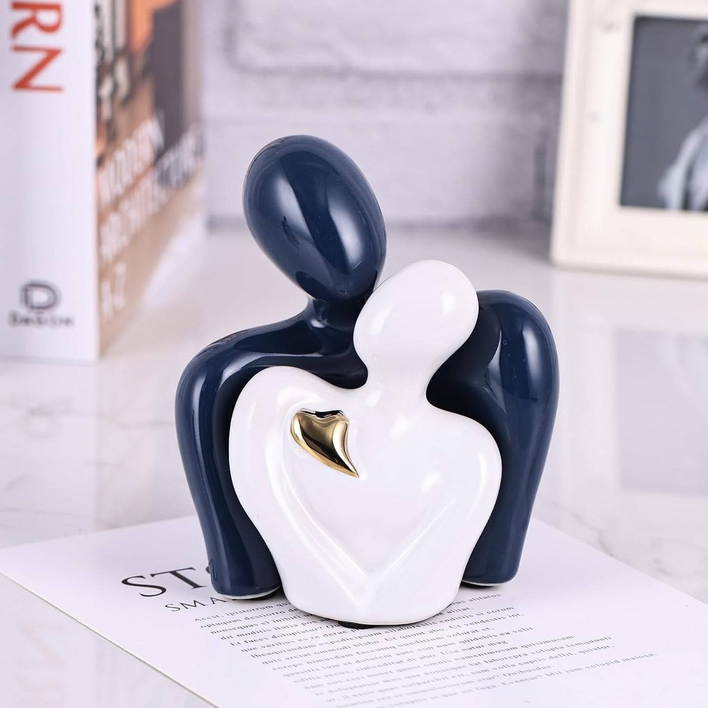 Mini Couple Ceramic Small Statue / Blue White and Gold