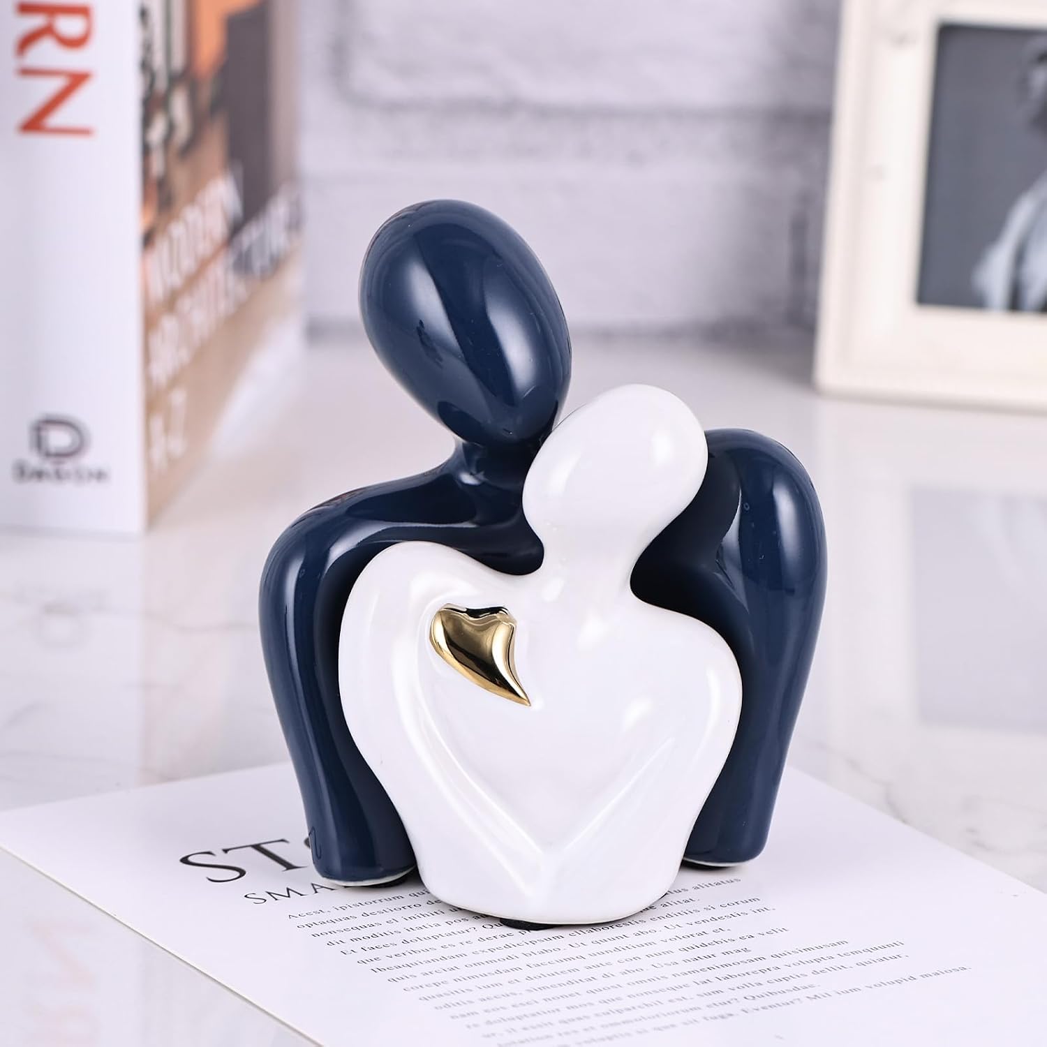 Mini Couple Ceramic Small Statue / Blue White and Gold