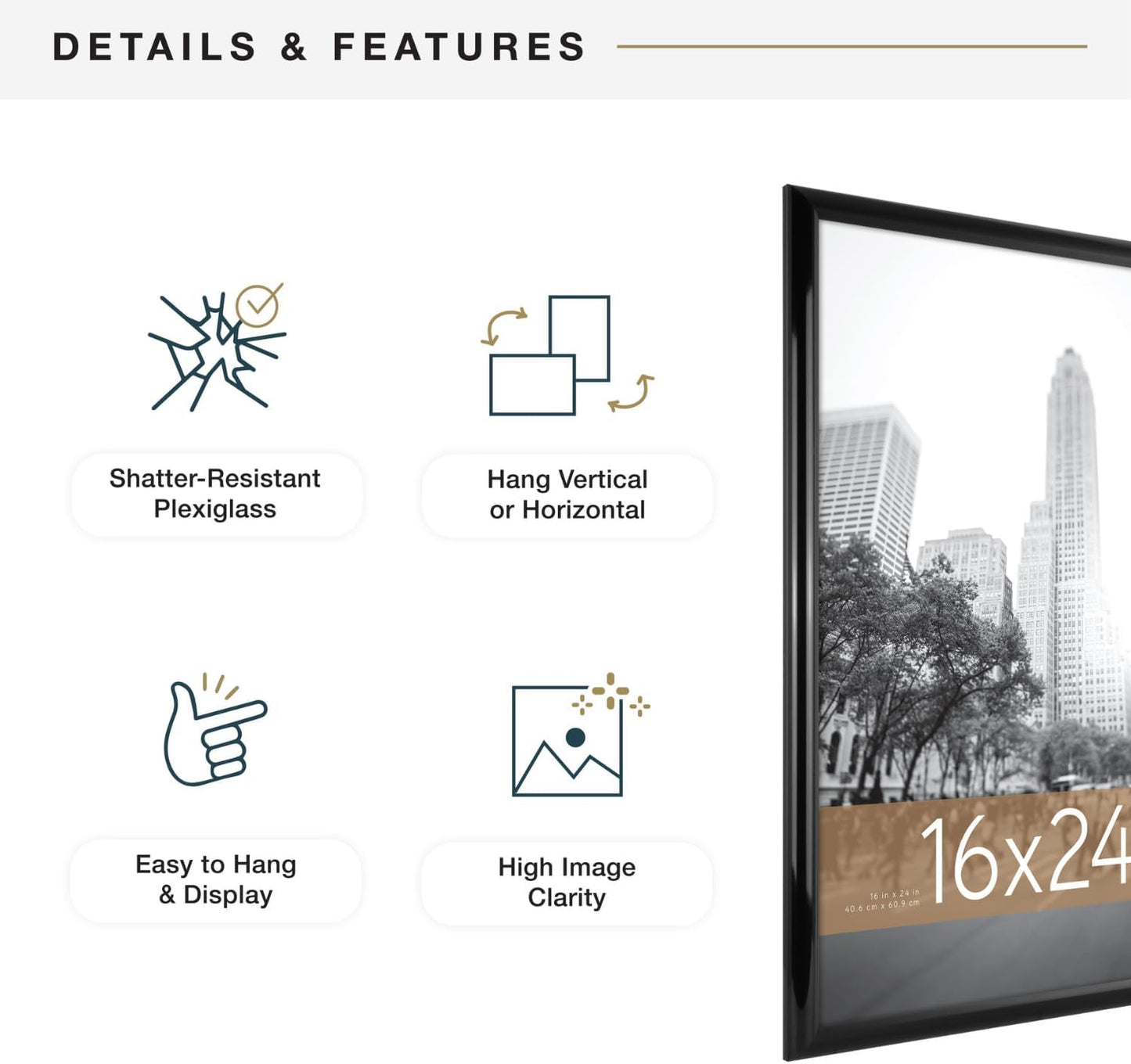 MCS Trendsetter Poster Frame, 16x24, Black High-Gloss, 2-Pack | Trendsetter Poster Frame For Photos & Art Prints, Hangs