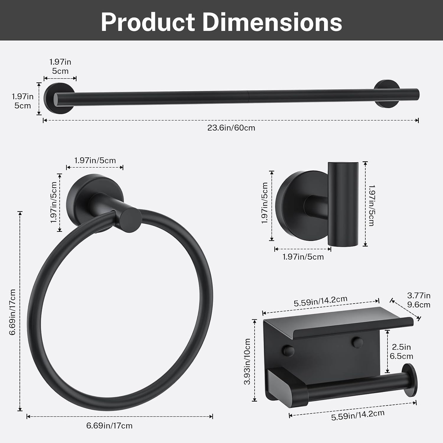 Matte Black Towel Bar Set 5 Pieces Bathroom Hardware Accessories Set Round Towel Holder Set for Bathroom Upgraded