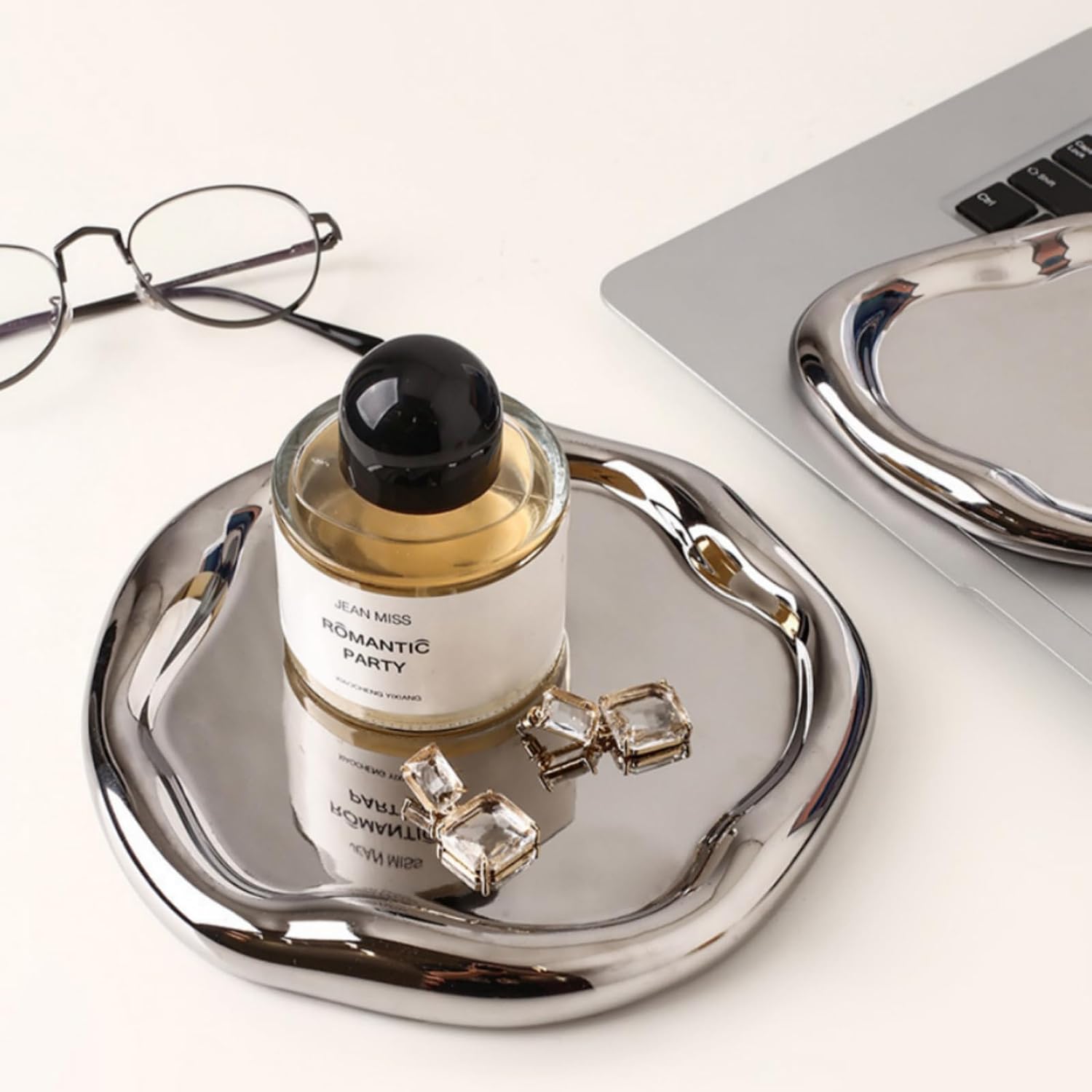 Tray Decorative Vanity Tray Bathroom Tray Jewelry Dish Ceramic Round Plate Holder / Silver / 7.5