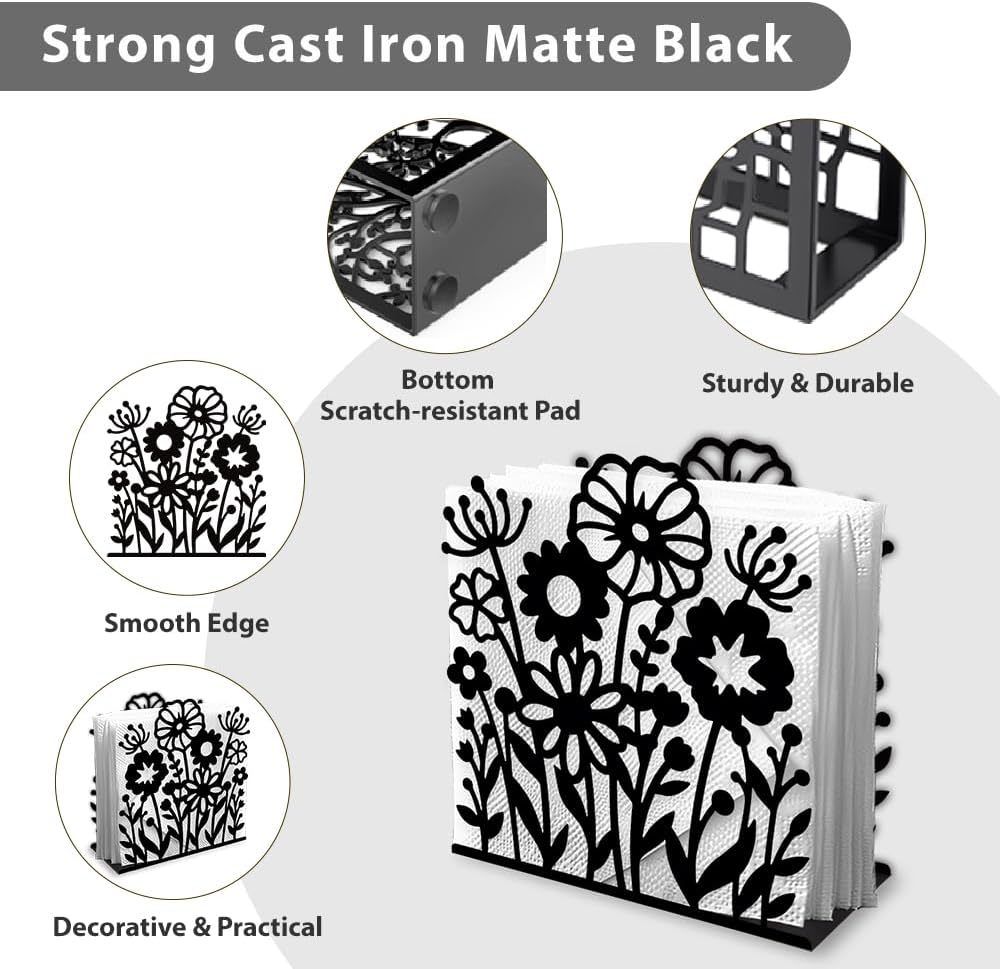 Decorative Metal Napkin Holder / Wildflowers / Black / 4.9 x 5.3 x 1.9