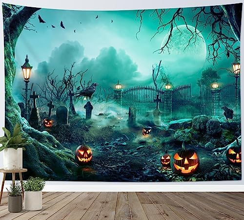 HVEST Halloween Tapestry Wall Hanging Black Crow Bat and Pumpkin in Scary Graveyard Forest Wall Art for Bedroom, Spooky Full Moon Night Tapestry for Living Room Holiday Wall Decor, 92.5W X 70.9H inches