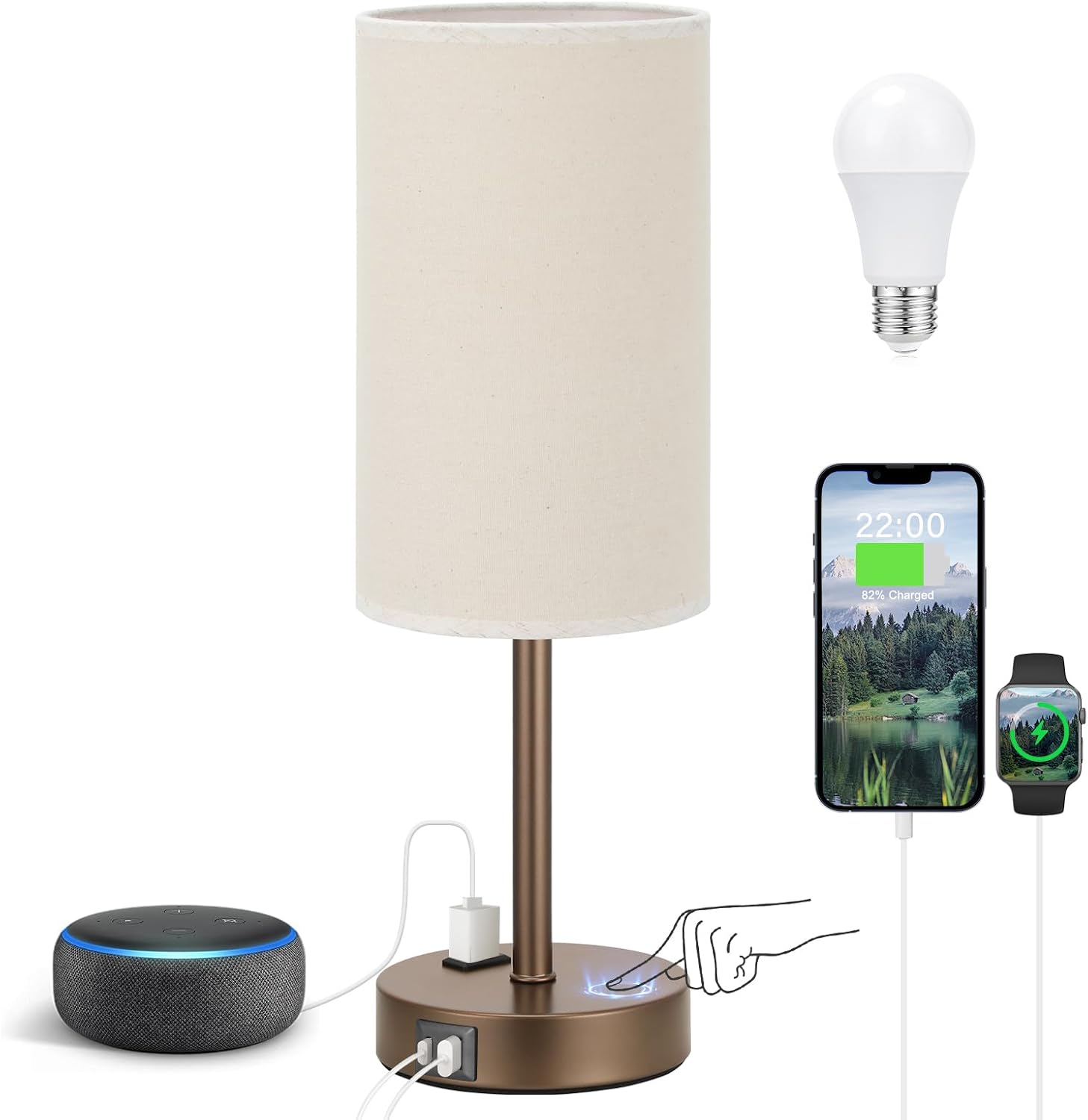 Fenmzee 17.4" Brown Lamp for Bedroom - Dimmable Touch, USB A+C, AC Outlet