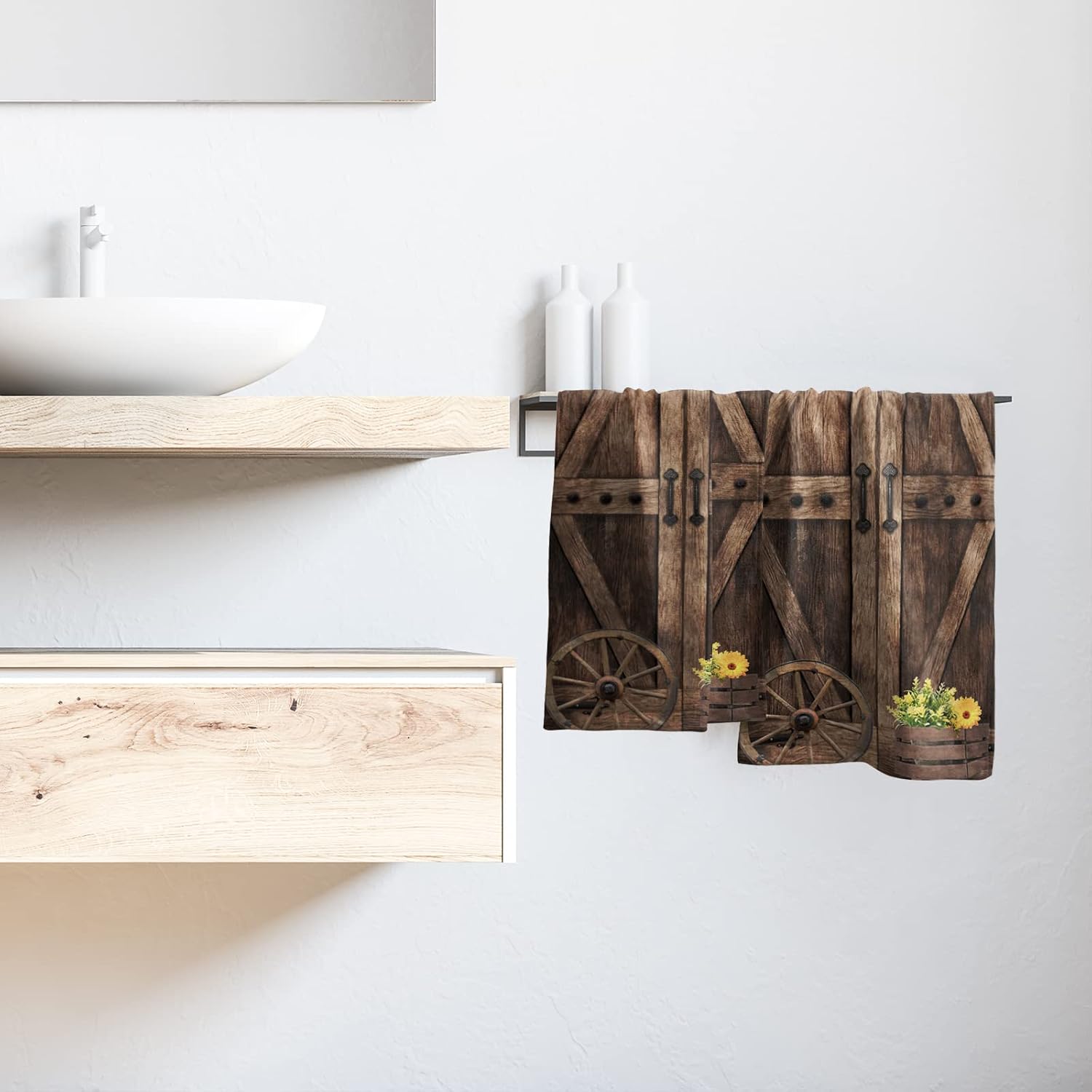 Giwawa Rustic Barn Door Hand Towels Set of 2 Brown Wood Fingertip Towels Soft Absorbent Towels for Bathroom Kitchen