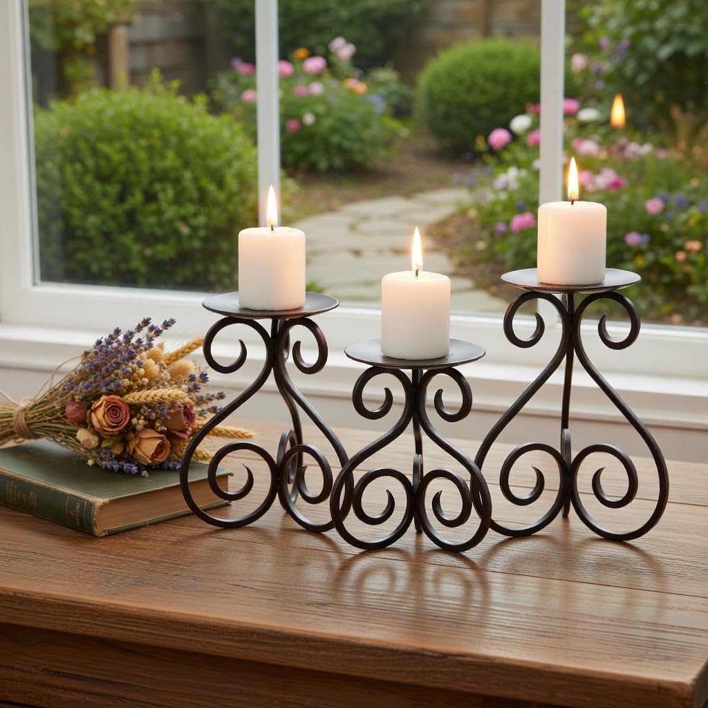 Hosley Illuminate in Style with Our Set of 3 Iron Candle LED Pillar Holders - Large 7 Inches, Medium 6 Inches, Small 5