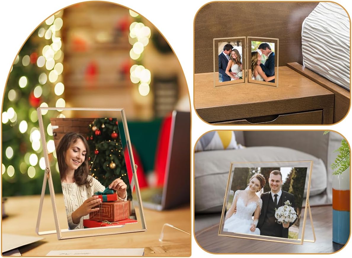 5x7 Triple Floating Frame,Metal Beaded Edge,Gold | Tempered glass, adjustable tabletop/shelf photo frame, for photo