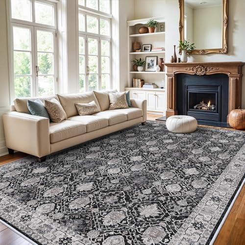 Vintage 10x14 Washable Area Rug: Large Living Room Rugs Indoor Soft Stain Resistant Carpet with Non-Slip Backing for