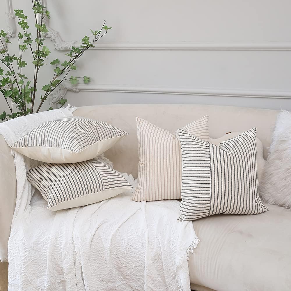 Beige Patchwork Farmhouse Throw Pillow Covers / Navy Blue / 18 x 18 / Set of 2
