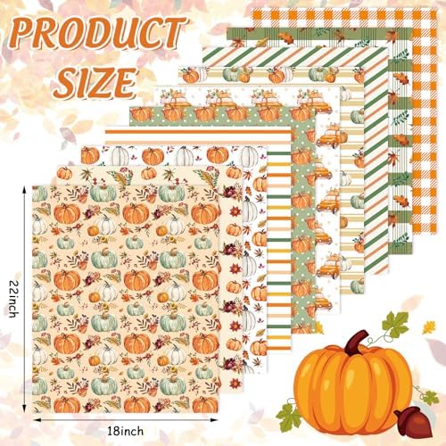 Whaline 10 Pcs Fall Cotton Fabric Bundles Pumpkin Truck Leaves Fat Quarters Green Orange Autumn Thanksgiving Quilting Patchwork for DIY Sewing Craft Decor, 18 x 22 Inch