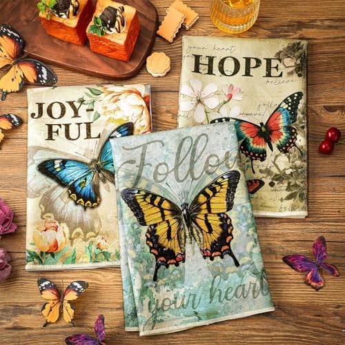 Sratte 6 Pcs Vintage Butterfly Kitchen Towels Fall Dish Towels, 24x16 Inch