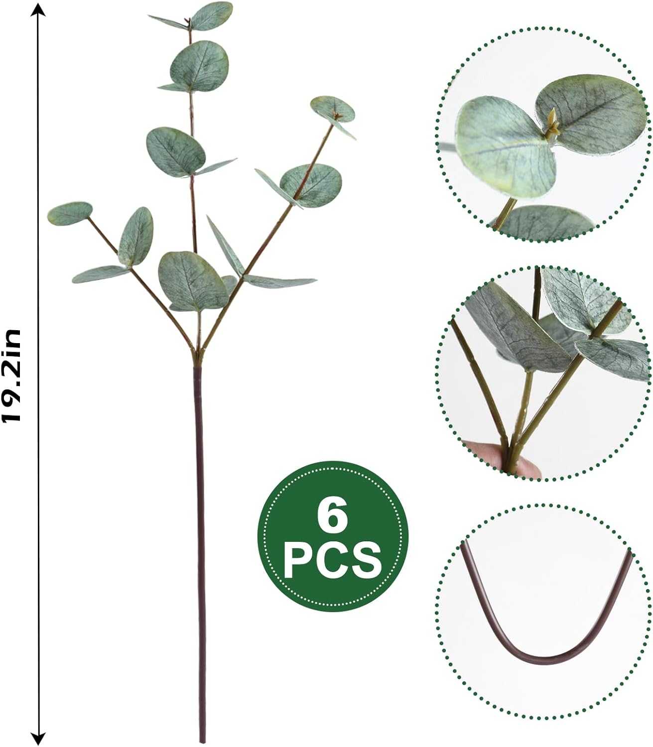 Real Touch Artificial Faux Eucalyptus Stems Dual-Sided Lifelike Leaves Fake / Gray Green / Set of 6