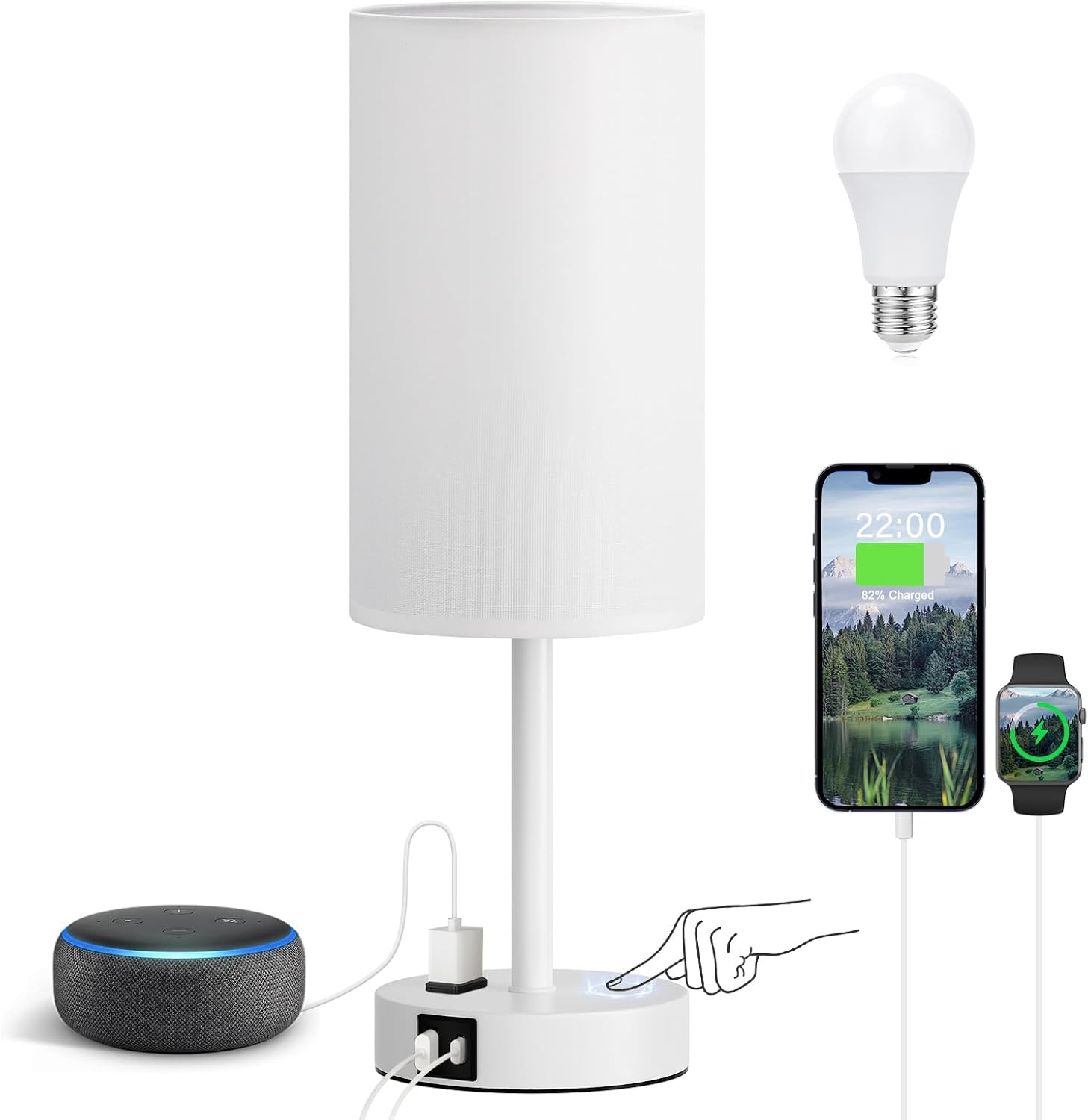 Fenmzee 17.4" White Lamp for Bedroom - Dimmable Touch, USB A+C, AC Outlet