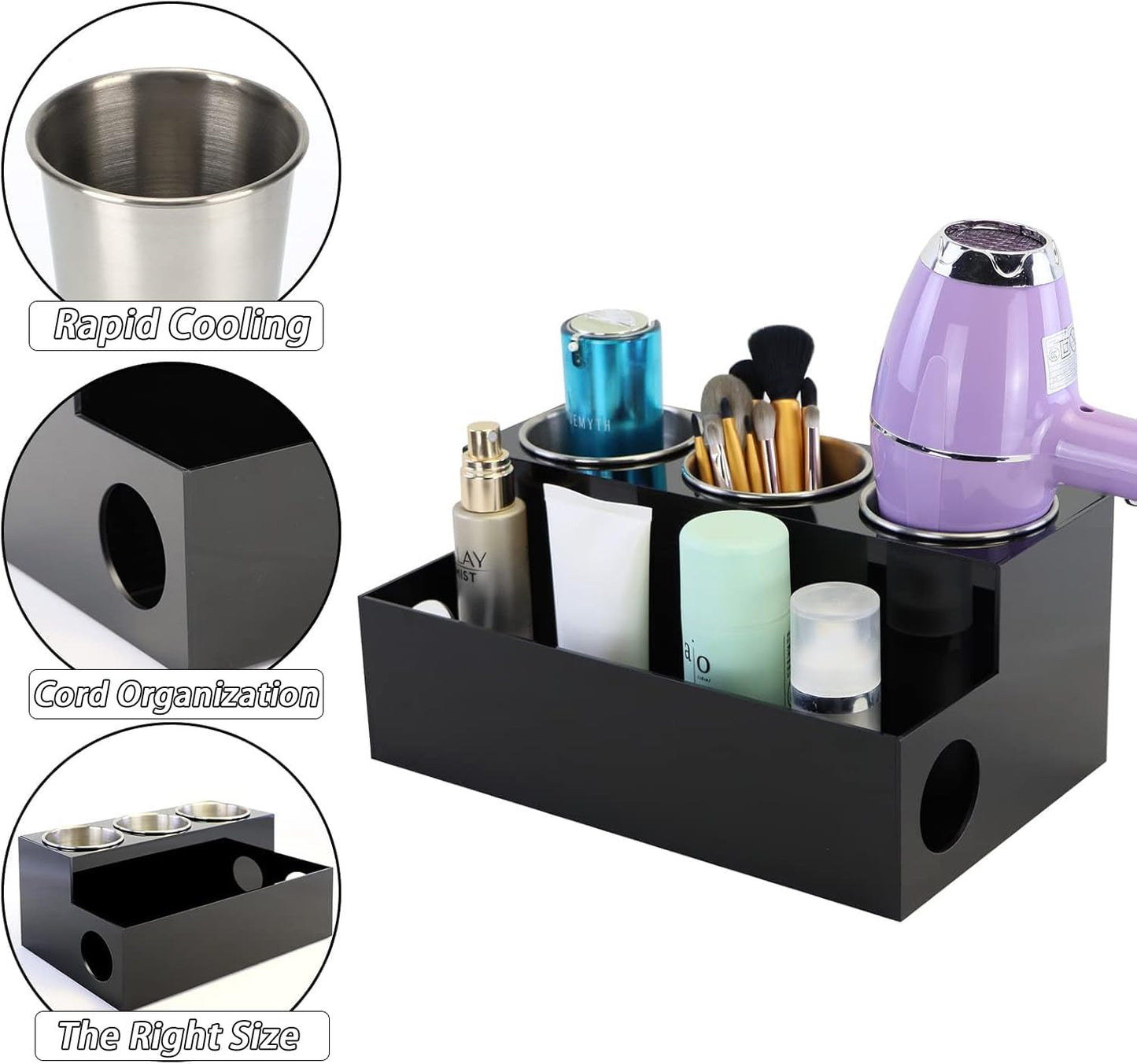 Hair Tool Organizer, Black Acrylic Hair Dryer Holder | Bathroom Supplies Countertop Blow Dryer Holder, Vanity Caddy
