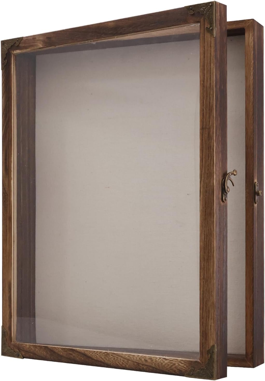 Shadow Box Frame 13x16, Large Memory Display Case with Retro Metal Corner Accents, Carbonized Wood Frame, Linen Back