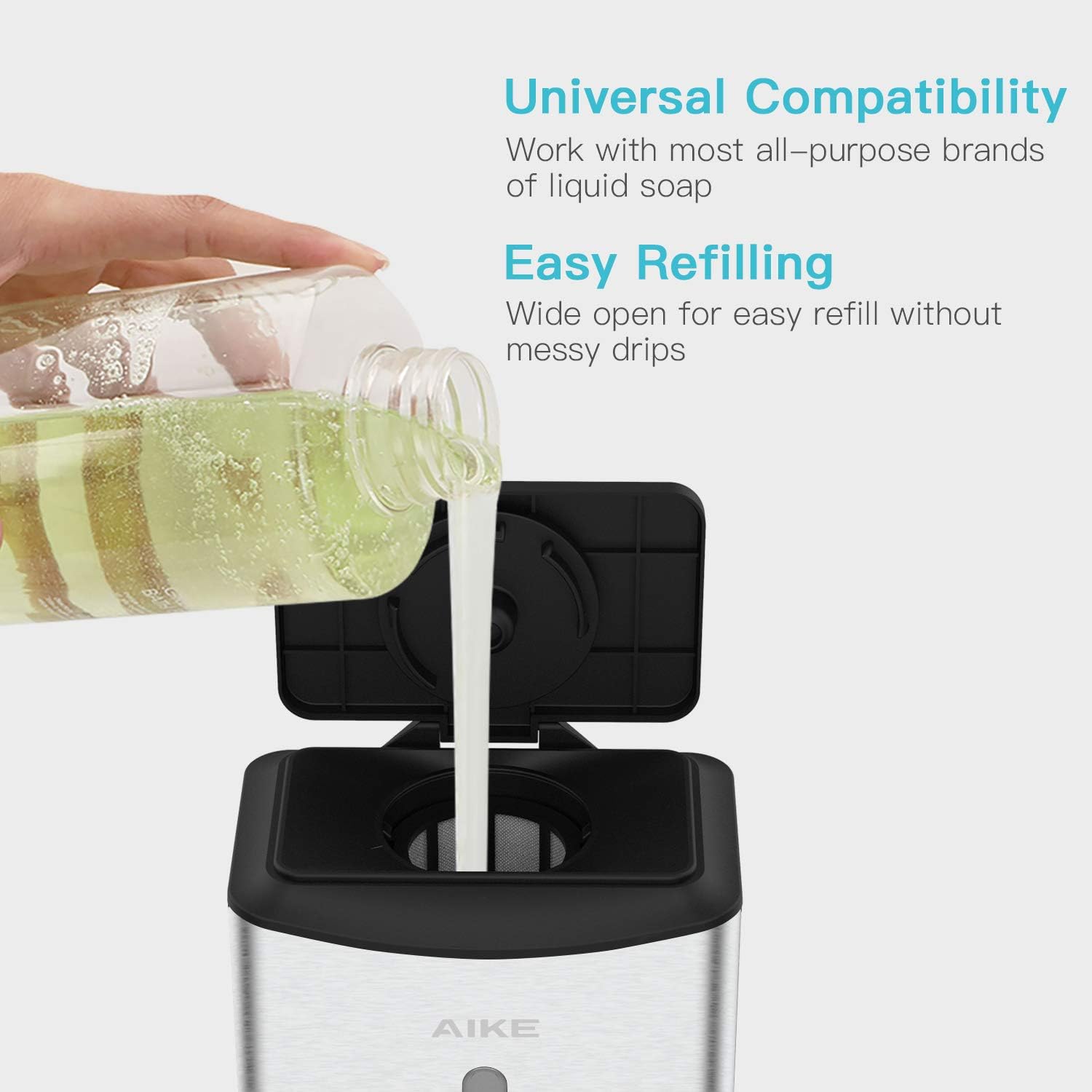 AIKE Heavy Duty Automatic Soap Dispenser,37oz for Bathroom,Brushed Steel | 5-Level and Savety Key for Commercial(4*AA