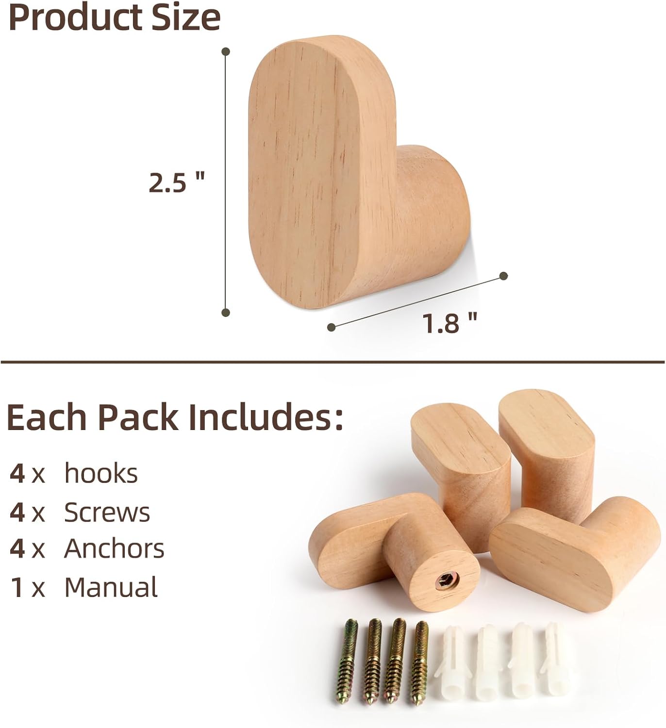 Wood Wall Hooks / Natural Color / Set of 4