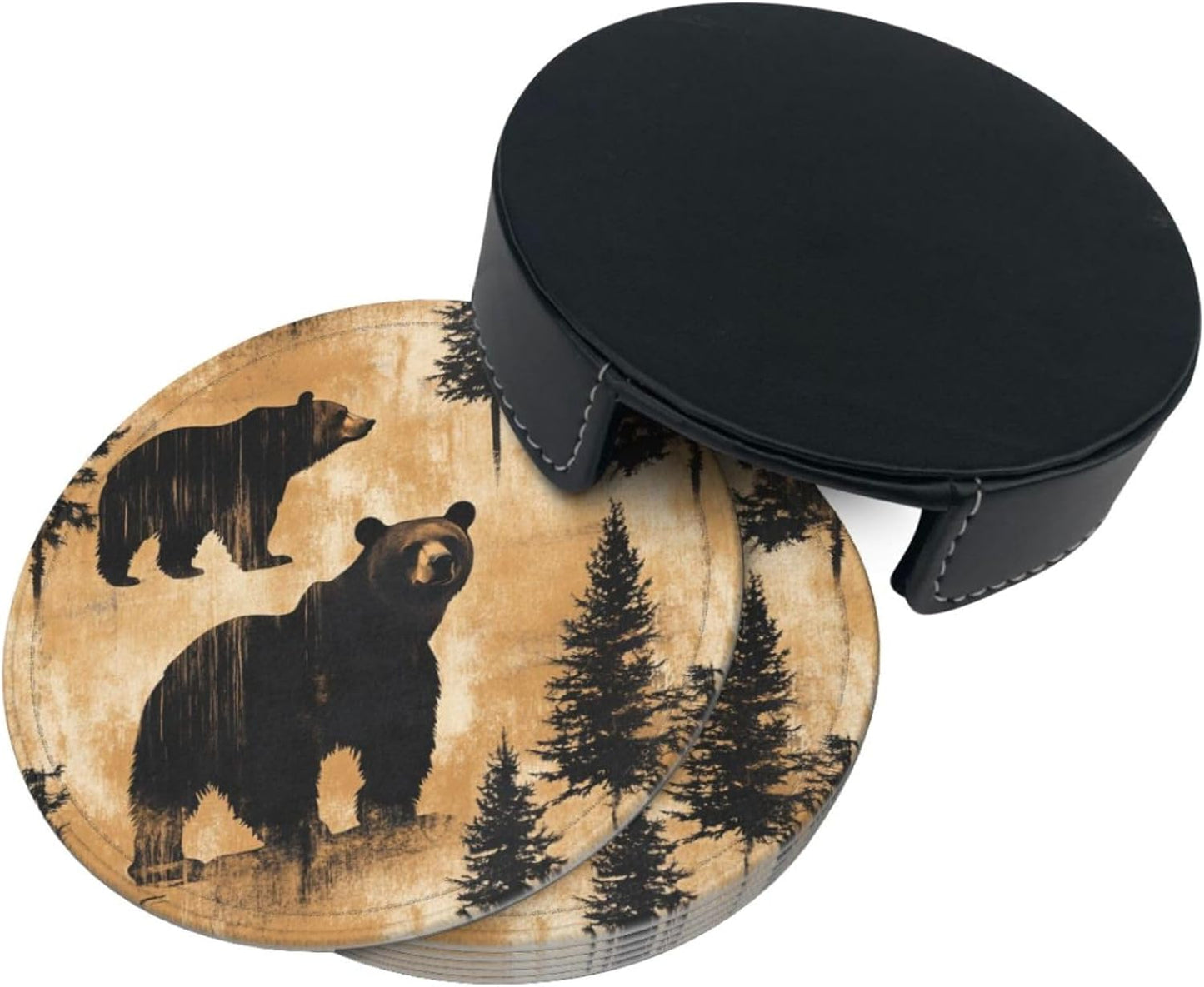 Holder Coaster Sets Drink Table Cup Coasters / Black Bear Trees / Set of 6