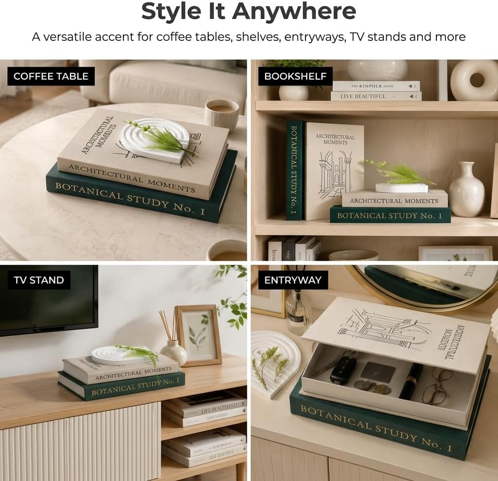 Faux Books / Decorative Linen Books / Forest Green-beige / Set of 2