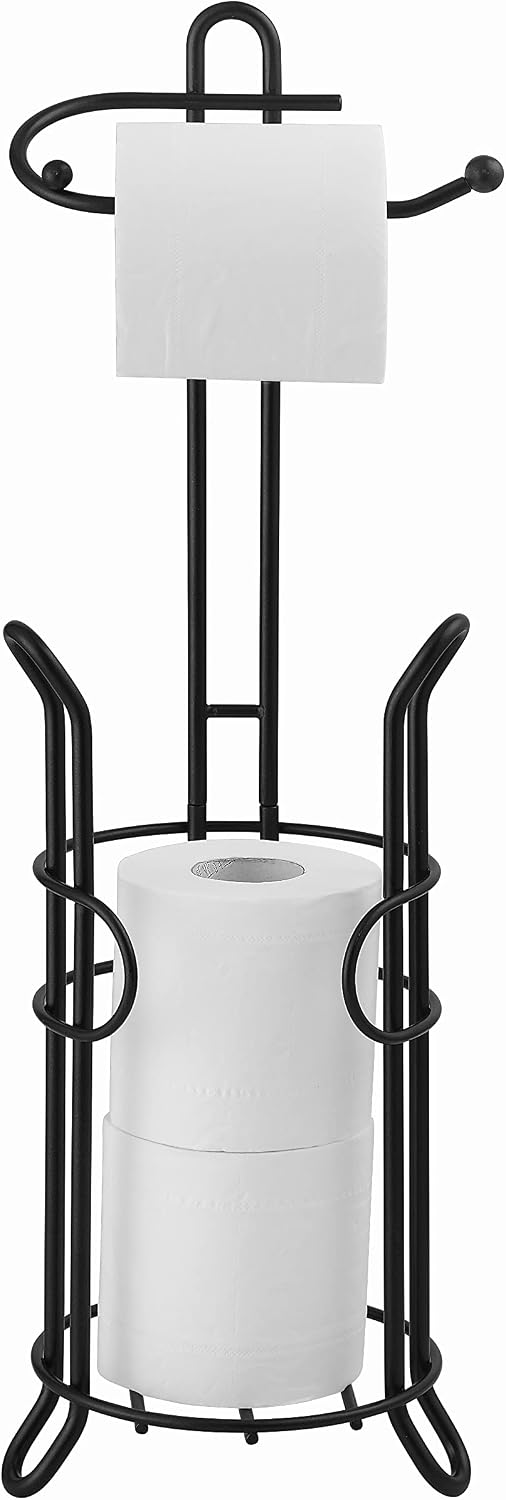 SunnyPoint Freestanding Toilet Paper Holder with Storage – Holds 3 Spare Rolls, Heavy-Duty Steel, Black Finish, Easy
