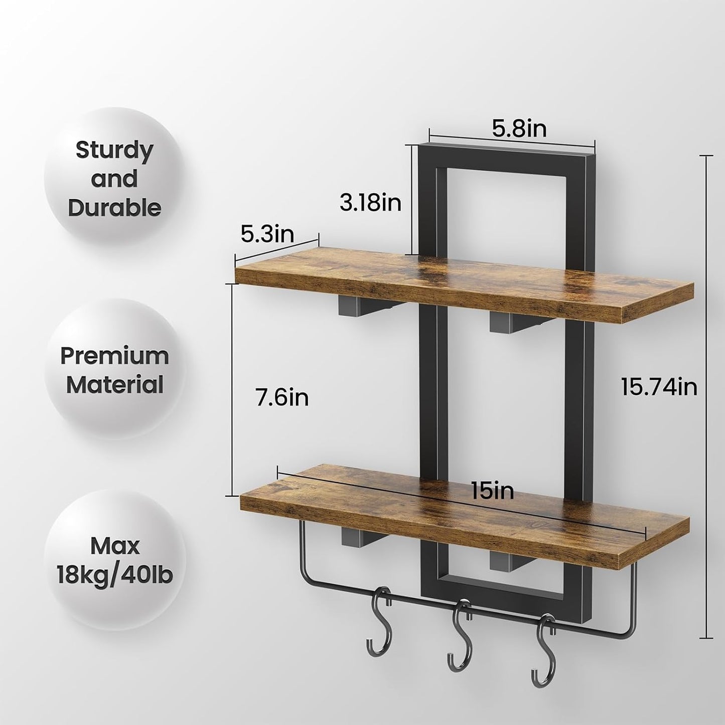 Floating Shelves / 6 Hooks / Rustic Brown + Black / Set of 2