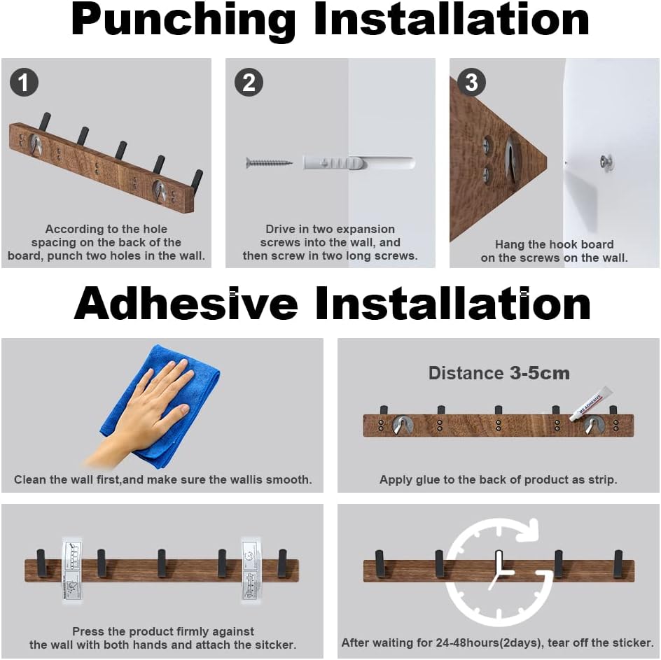 Adhesive Mounted Entryway Hooks / Coat Rack with 5 Hooks / Black / 17 Inch