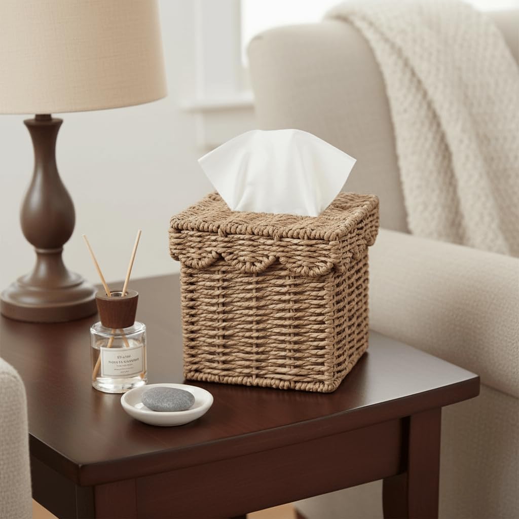 Square Wicker Tissue Box Holder Facial Tissues Boxes w/Scalloped Lid / Neutral