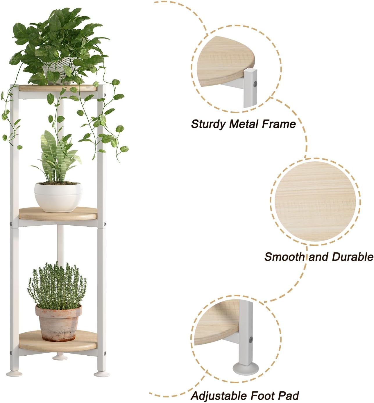 3 Tier Plant Stand Indoor Corner Tall Round Shape Plant Shelf | Modern Metal MDF board Flower Storage,Suitable tight