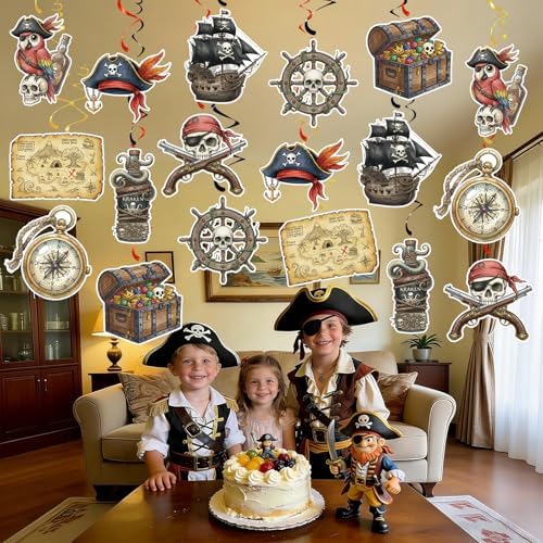 Pirate Hanging Swirls, 36Pcs Pirate Treasure Ceiling Streamers Captain Hat Skull Hanging Decorations for Pirate Themed Party Supplies