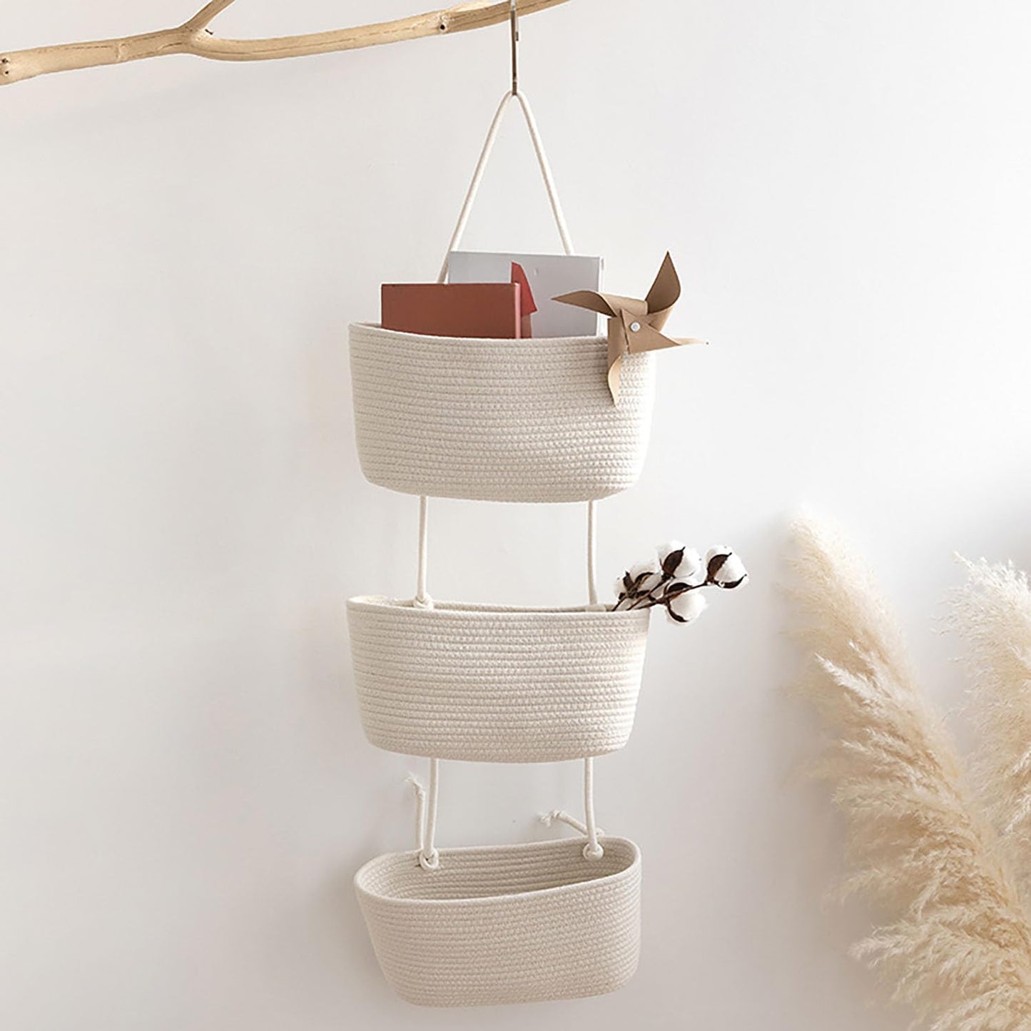 Woven Cotton Hanging Baskets for Organizing Decor 3-Tier Over the Door Wall-Mounted Storage / White