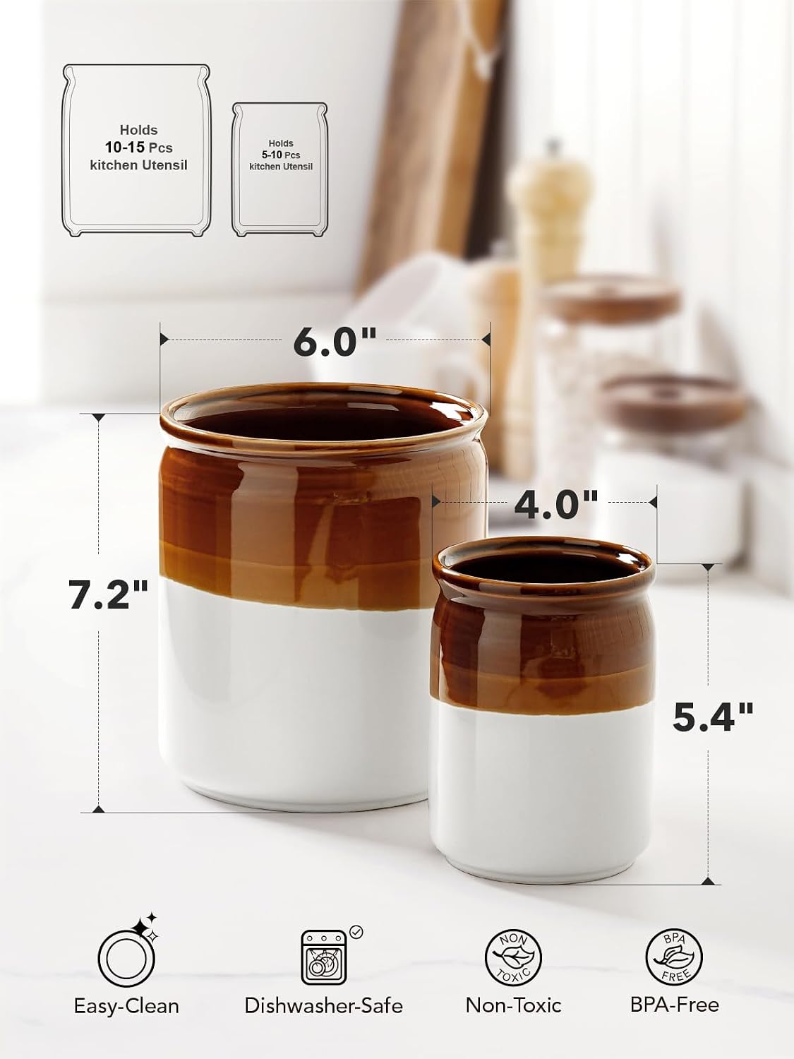 LE TAUCI Kitchen Utensil Holder for Countertop, Ceramic Utensil Crock Set of 2, Rustic Brown Holder for Spatulas