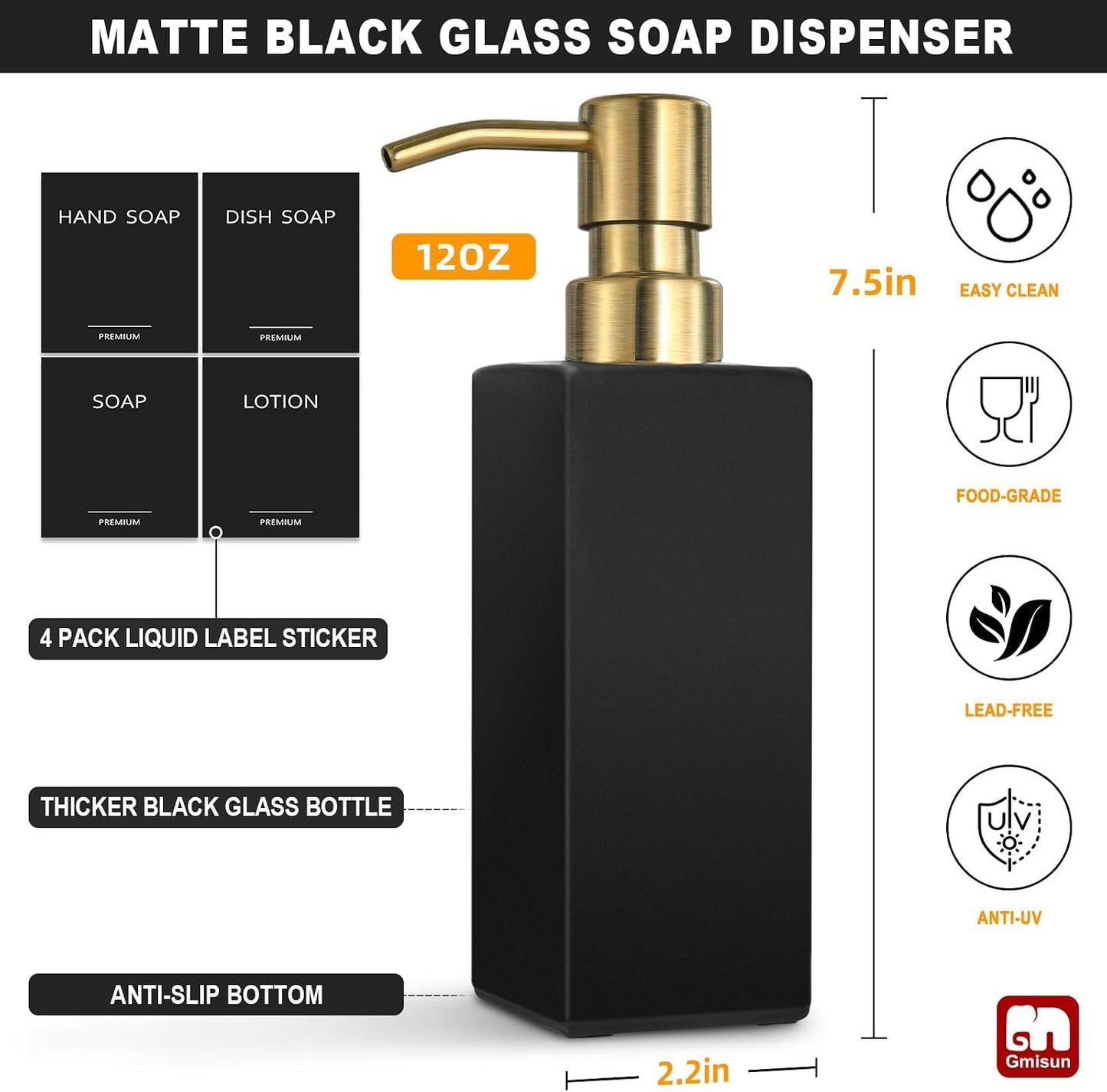 GMISUN Gold Soap Dispenser, Black Soap Dispenser Bathroom with Stainless Steel Pump, Hand and Dish Soap Dispensers Set