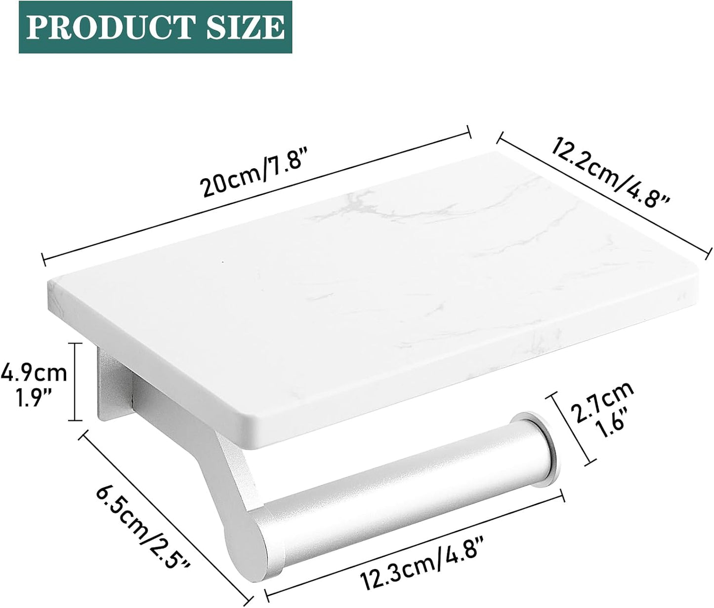 Hoimpro Toilet Paper Holder with Marble Shelf, Wall Mount Brushed Silver | White Natural Marble Phone Shelf Commercial