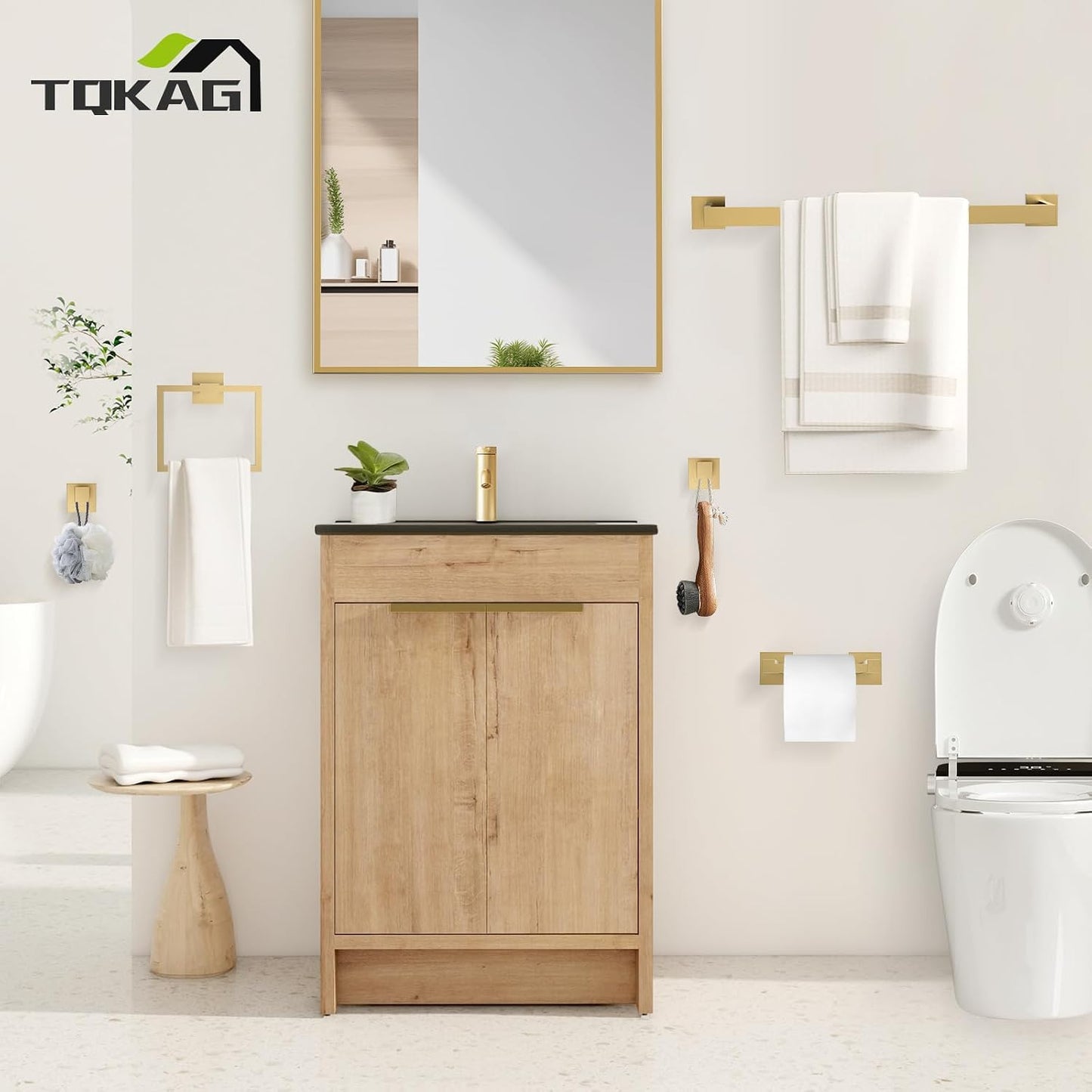TQKAG Brushed Gold Bathroom Hardware Accessories Set 5 Pieces, Double Post Pivoting Toilet Paper Holder Set Stainless