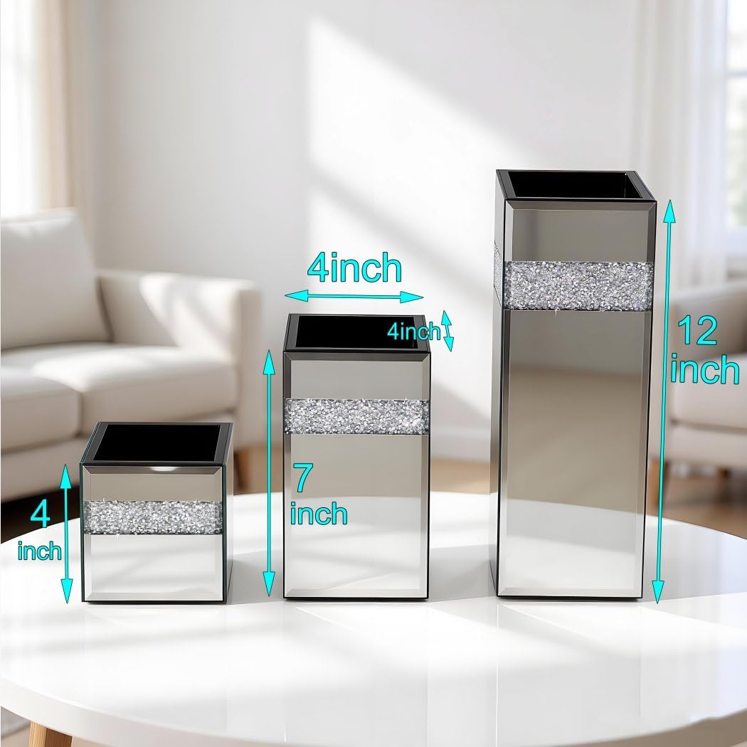 Crushed Diamond Mirrored Vase Pieces Small Middle Large. Crystal / 6 x 6 x 6 / Silver / Set of 3