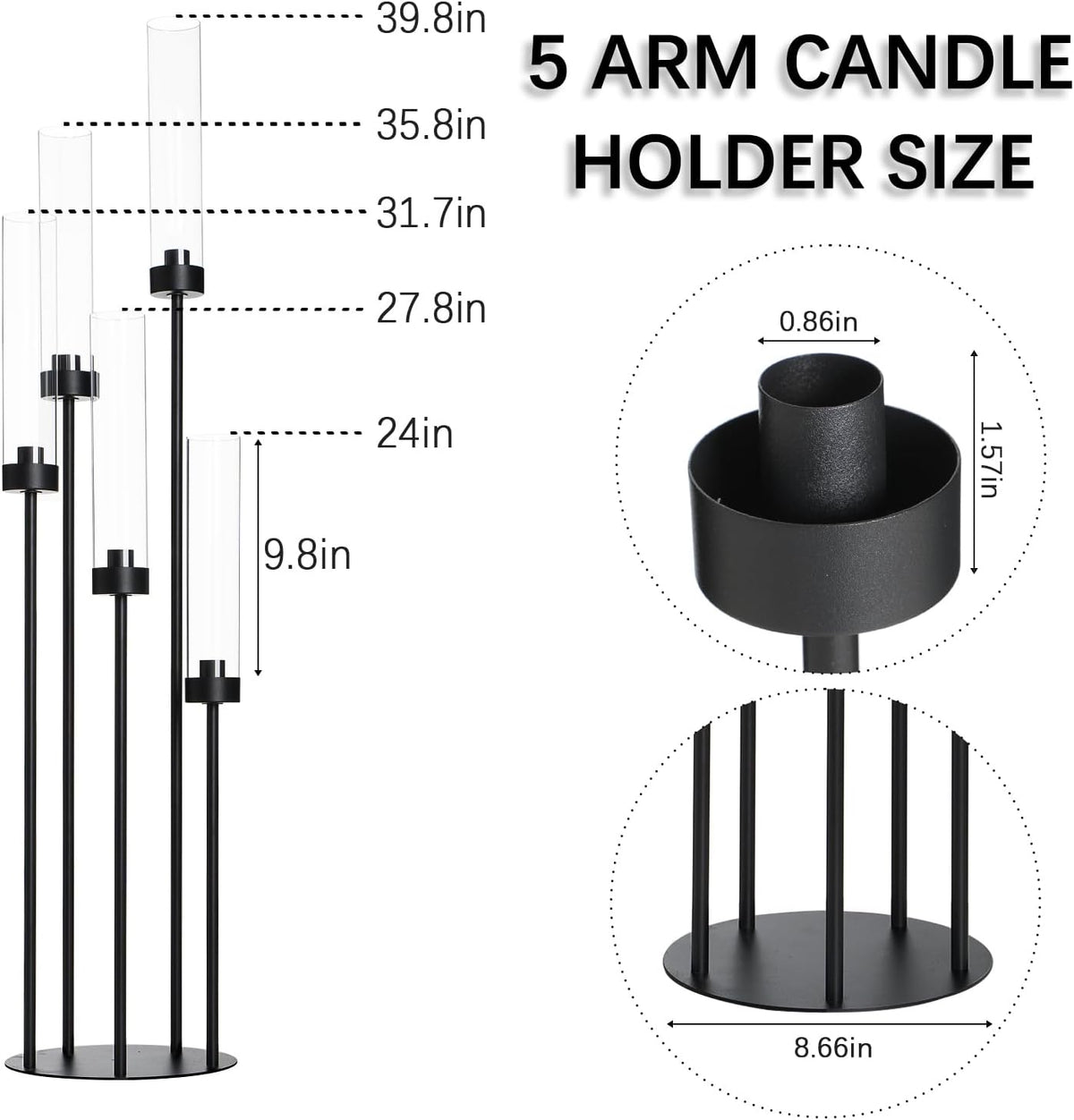 39.8''Matte Black Candle Holder with Acrylic Shades Tall 5 Arm Candelabra Black Table Centerpiece for Wedding Living