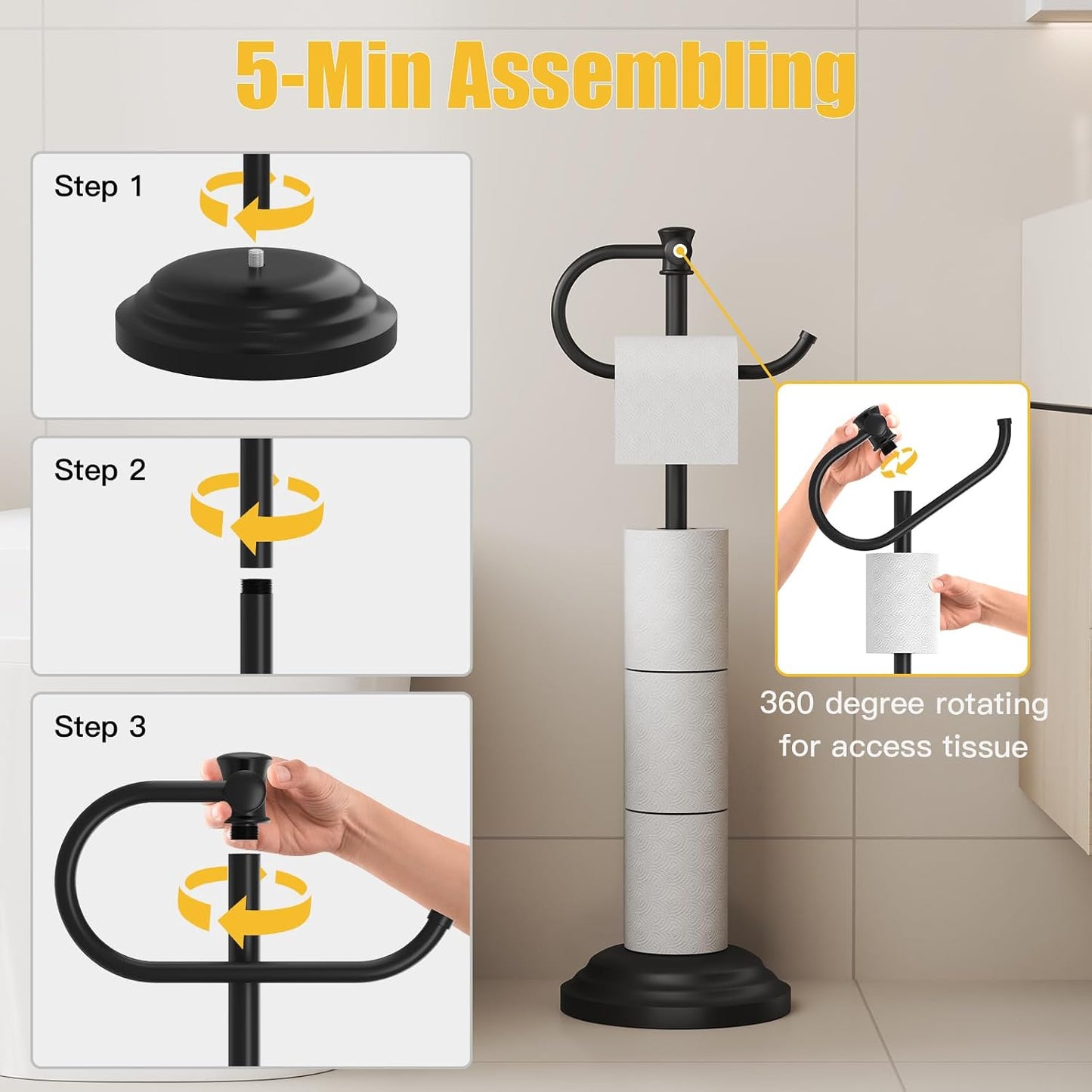 Toilet Paper Holder Floor Stand, Bathroom Freestanding Black | Toilet Tissue Roll Holder, Free Standing Rack with