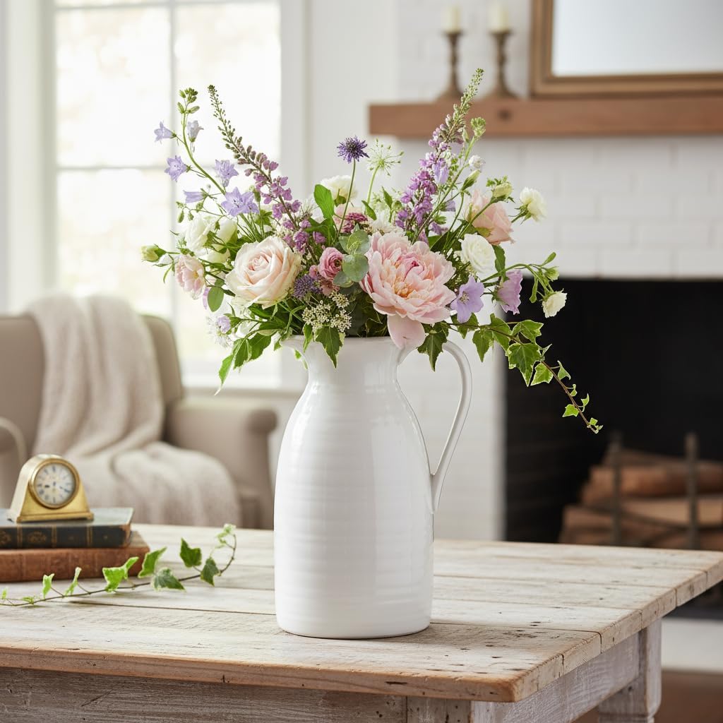 Farmhouse Pitcher Vase for Flowers- Ceramic Pitcher White Flower Vase / White - Pitcher Vase