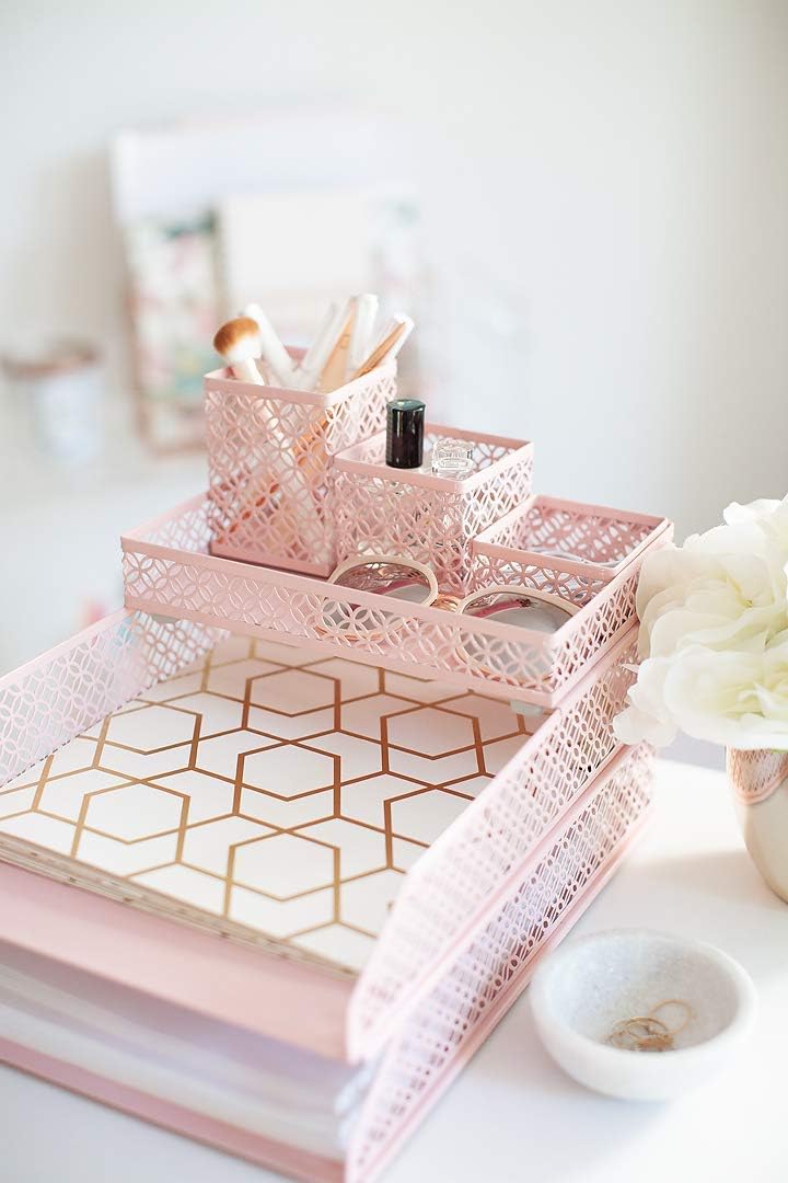 BLU MONACO | Pink Desk Organizer Set for Women 6 Piece | Mail Sorter Organizer Countertop with Letter Trays | Standing