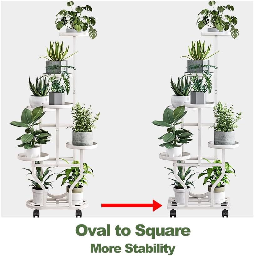 Plant Stand with Wheels, White 6 Tier Metal Plant Shelf for Indoor Outdoor | Corner Plants Stand Indoor for Bedroom