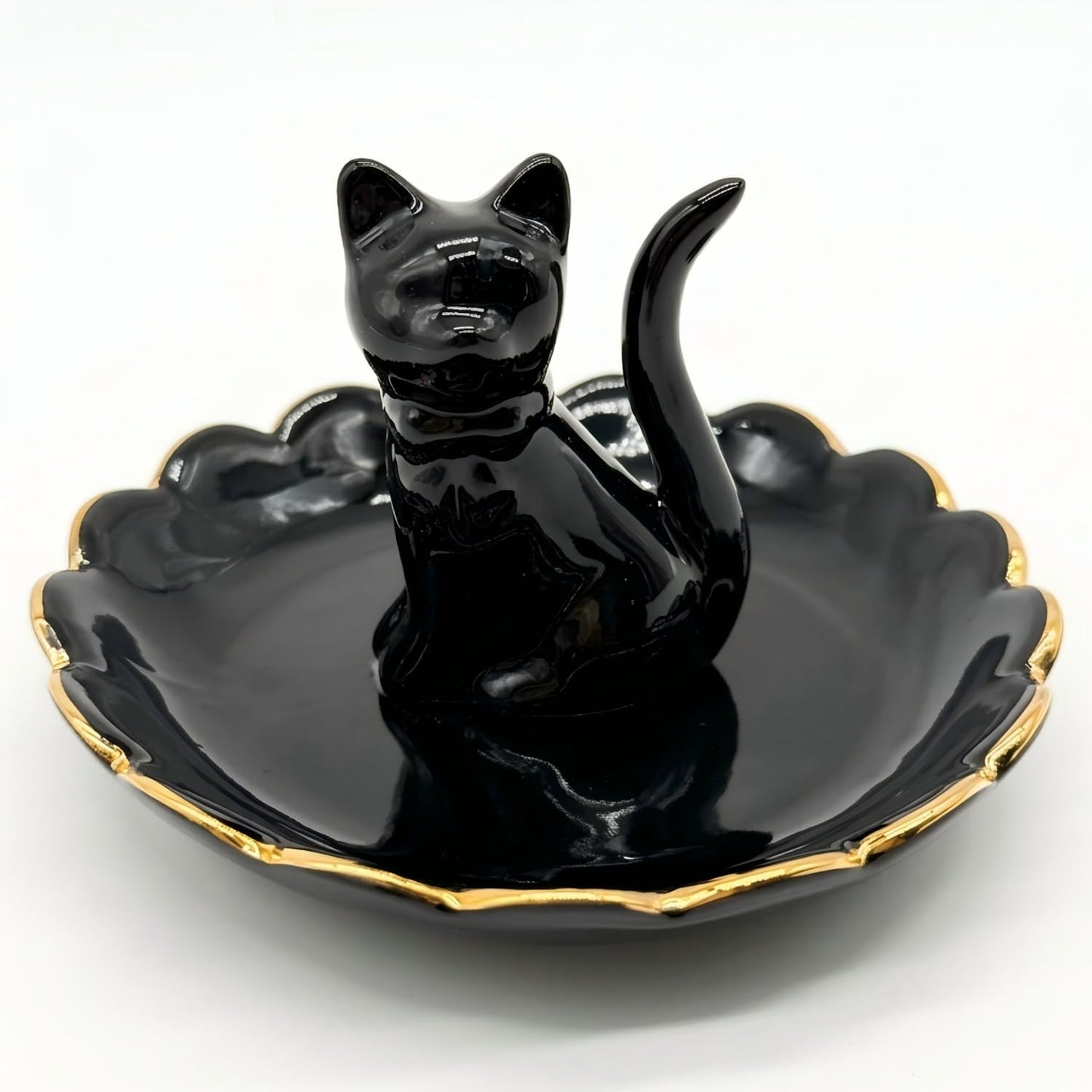 Cat Ring Holder Trinket Tray Ceramic Jewelry Dish Porcelain Ring Organizer / Bowtie Cat Black