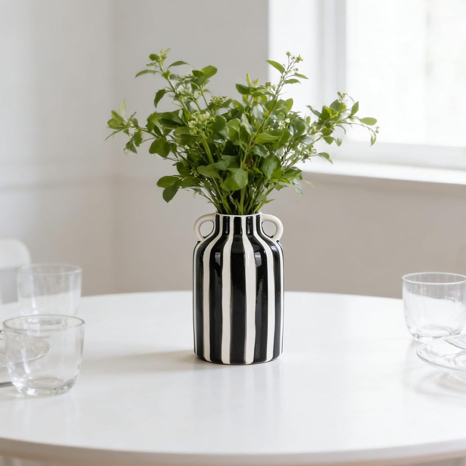 Ceramic Striped Checkered Vase / Black White