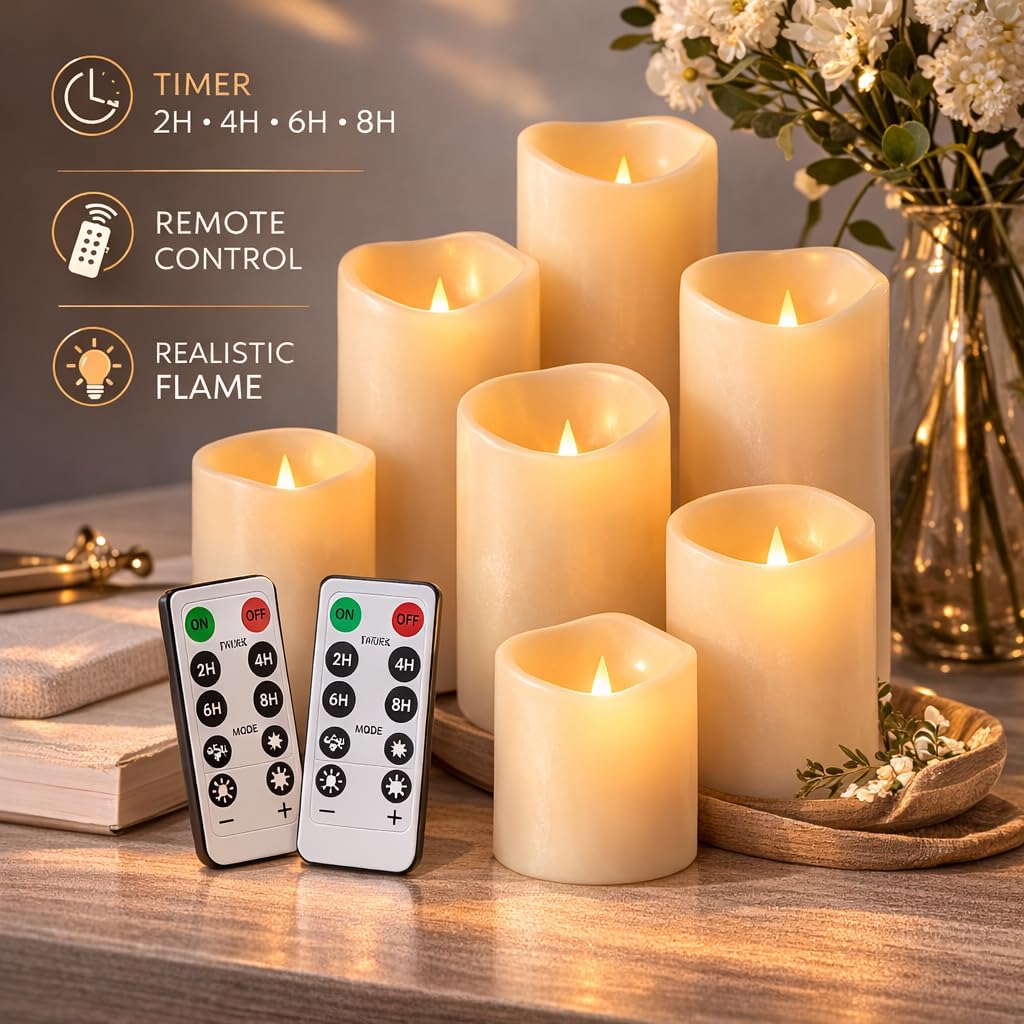 Enido 9pcs Flameless Flicking LED Candles with Remote, Battery Operated Outdoor Waterproof Candles, Electric Candle for