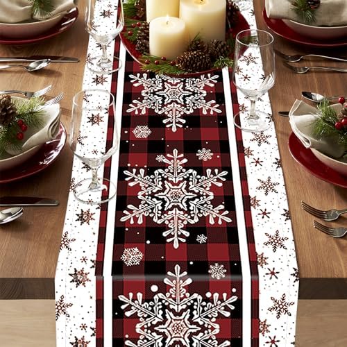 Niviy Snowflakes Christmas Table Runner with Buffalo Plaid, Winter Xmas Holiday Kitchen Dining Table Decoration for Indoor Outdoor Home Party Decor 13 x 144