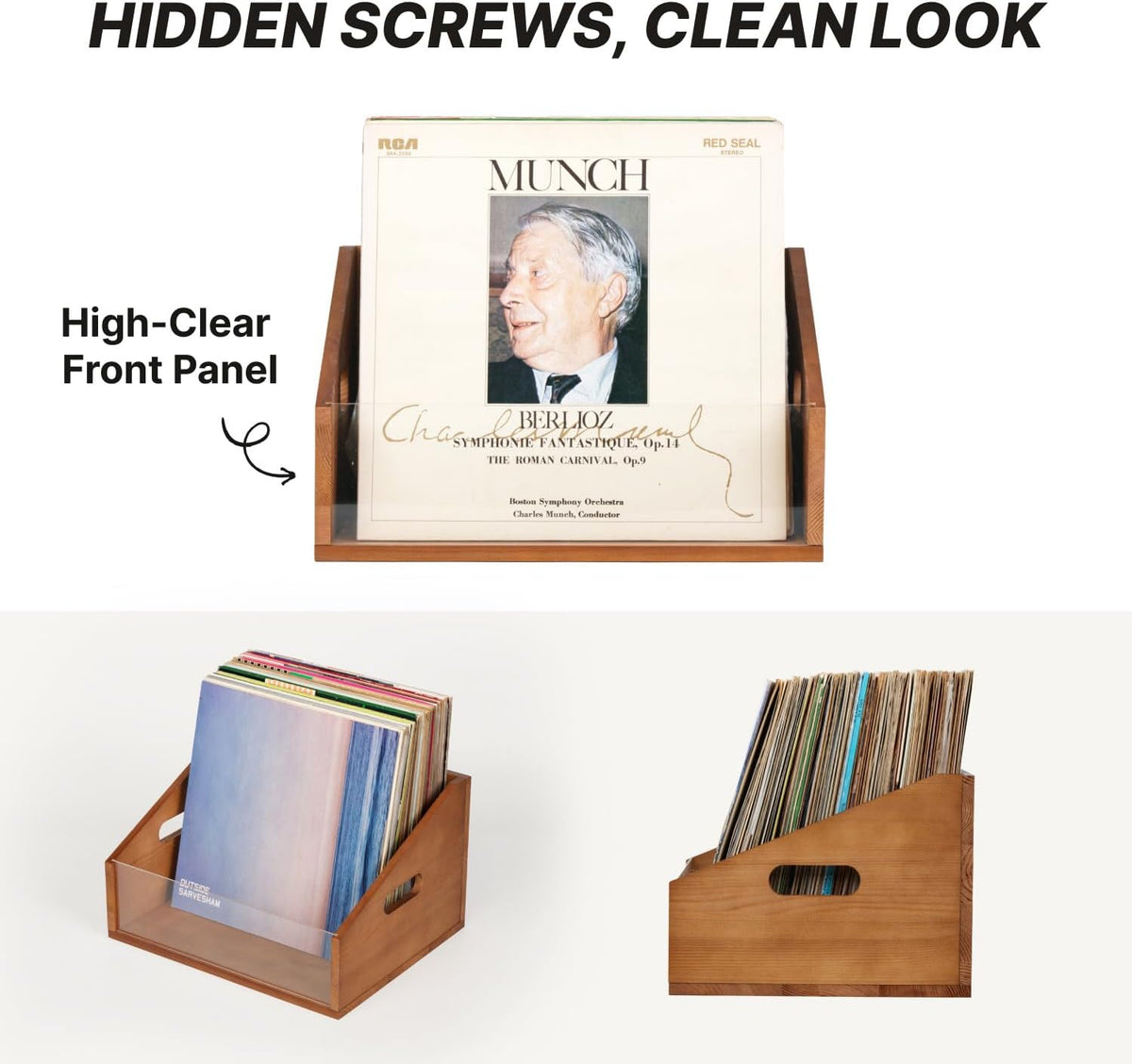 Vinyl Record Storage Crate, Solid Wood Rustic Record Box Holds 60 LP Albums, Wooden Record Holder Organizer with
