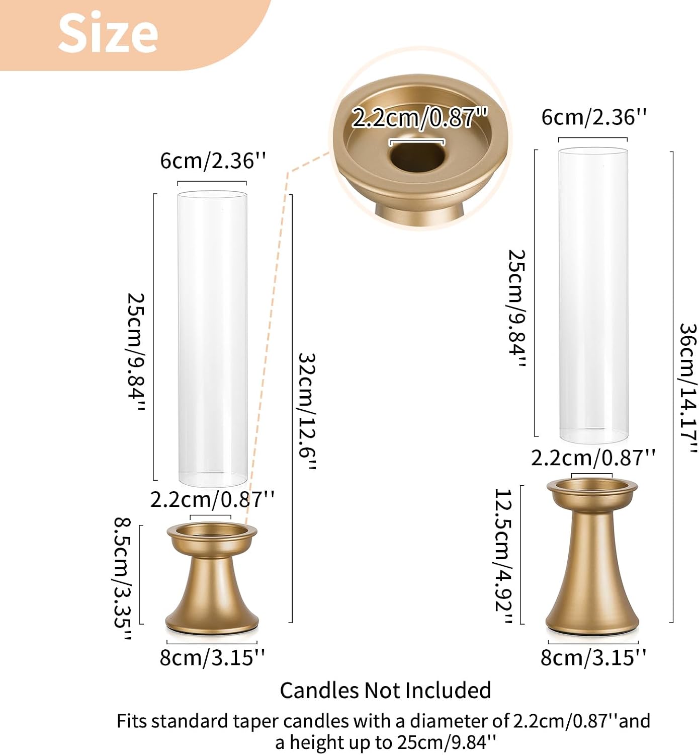 NUPTIO Gold Candlestick Holder for Centerpiece: Set of 6 Hurricane Taper Candle Holders with Glass Cylinder Sleeve